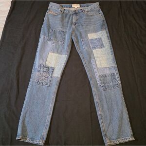 Sun + Stone Blue Denim Patchwork Jeans 33/32